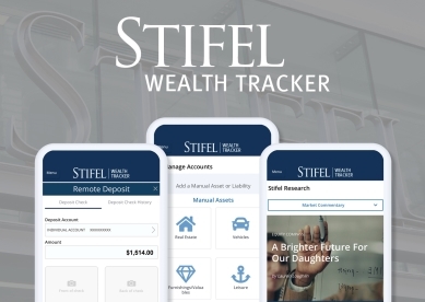 Stifel Wealth Tracker; Image of 3 cell phones with the wealth tracker features on them.